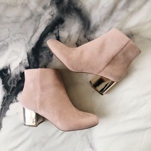 Light Pink Suede Booties with Gold Metallic Heel